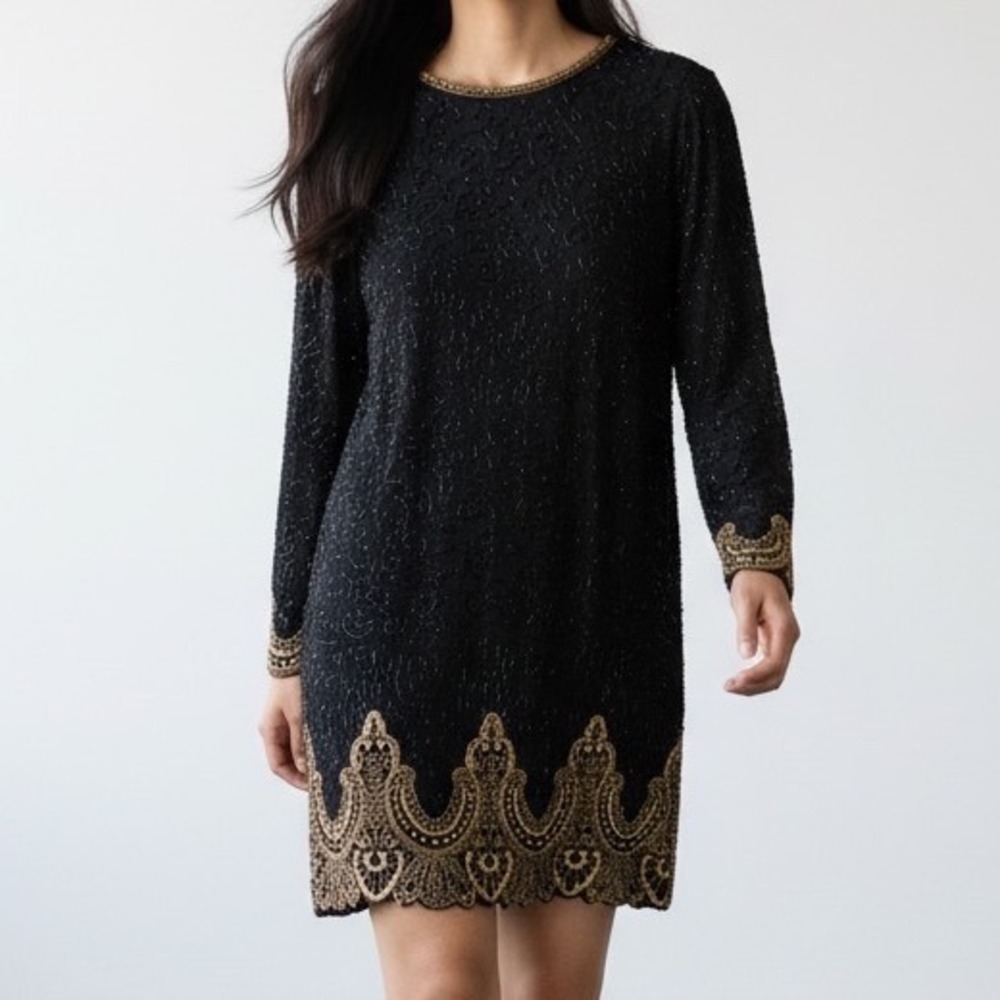 Night Vogue Vintage‎ Silk Beaded Dress Black Formal Occasion Evening size Medium